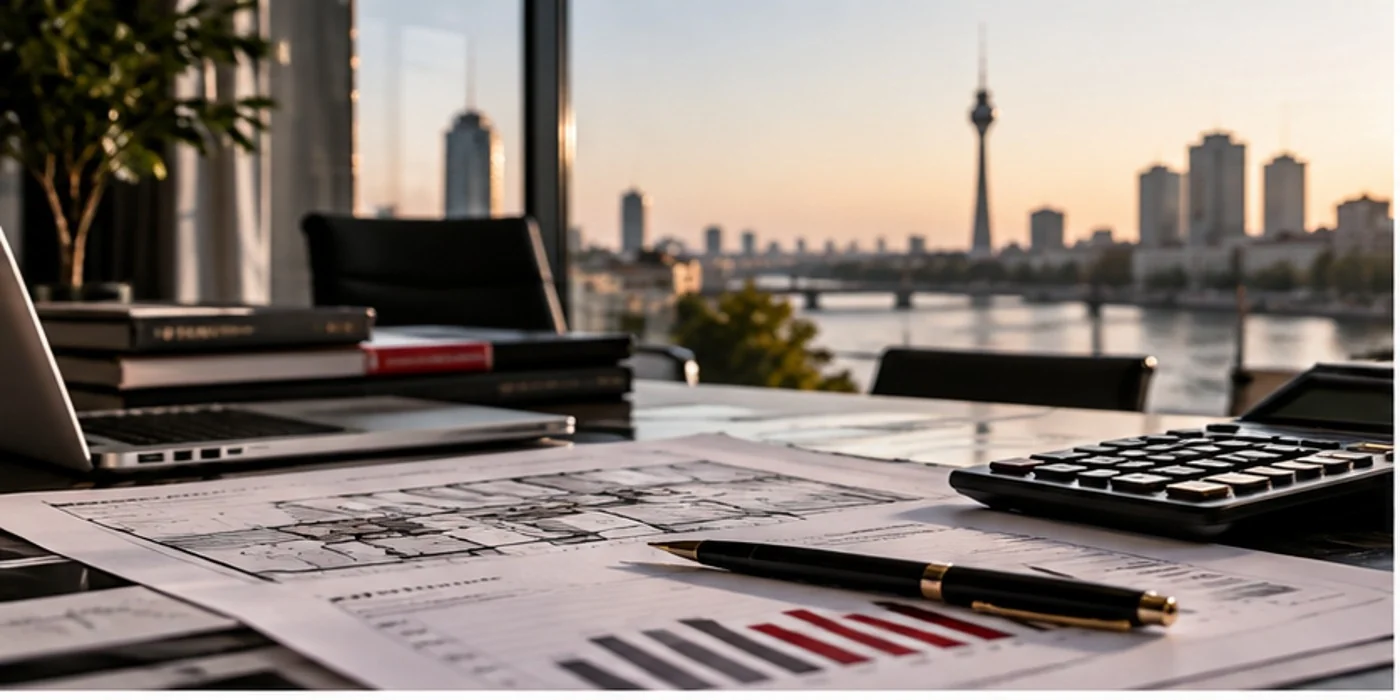 Finanzierungsunterlagen, Diagramme und Schreibgerät auf einem Schreibtisch