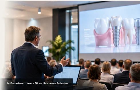 Zahnarzt bei einer Patientenveranstaltung mit Präsentation zur Implantologie